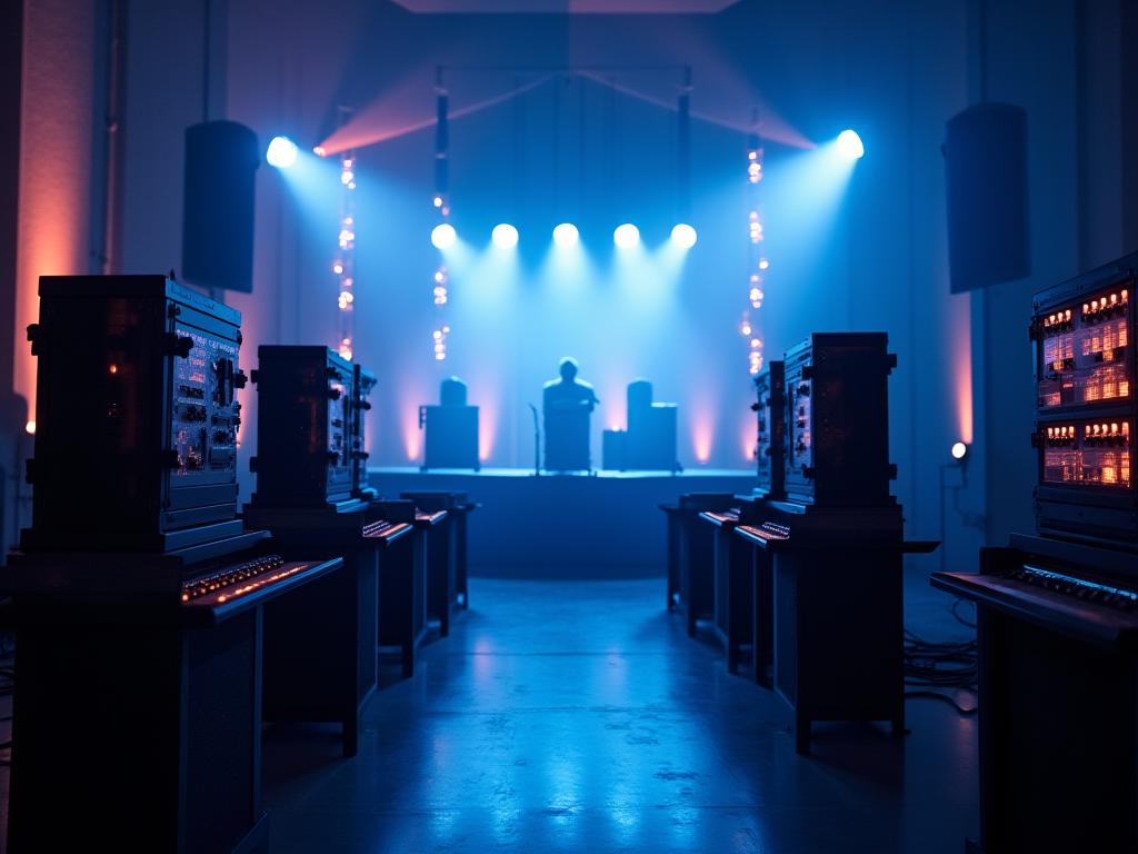 Advanced lighting rigs and sound equipment at a corporate event.